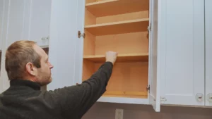 a cabinet hardware and drawer pull installation expert inspecting cabinets in a kitchen home