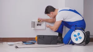 An electrical outlet and switch replacement professional testing an outlet